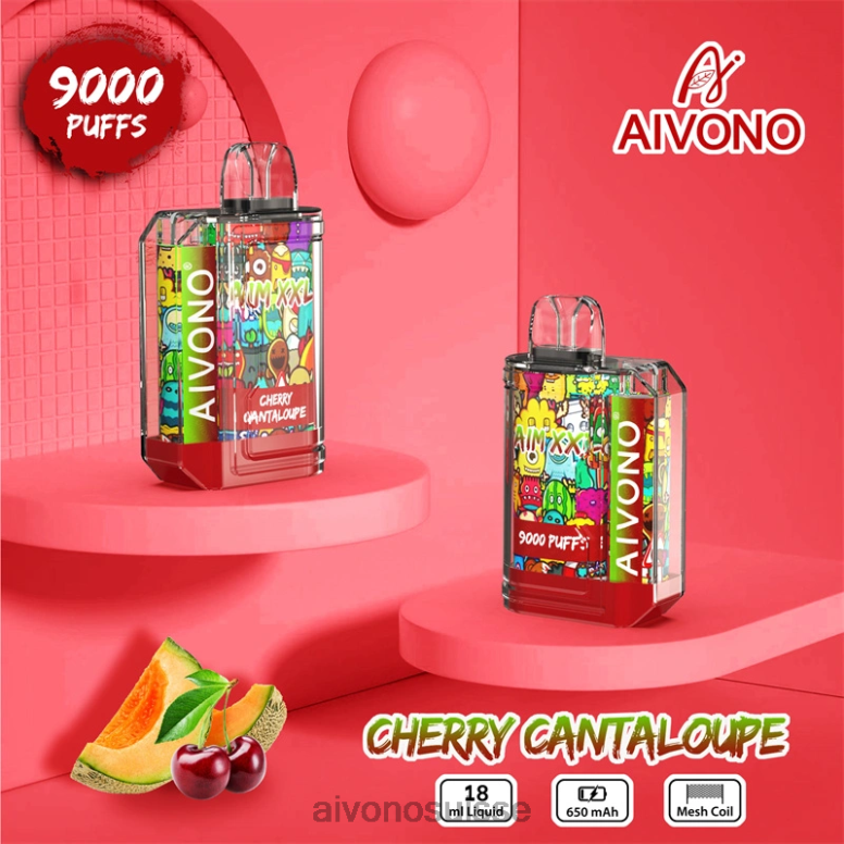 Aivono Puffs - Aivono AIM XXL Autocollant bouche 9000 transparent cantaloup cerise L4RV057