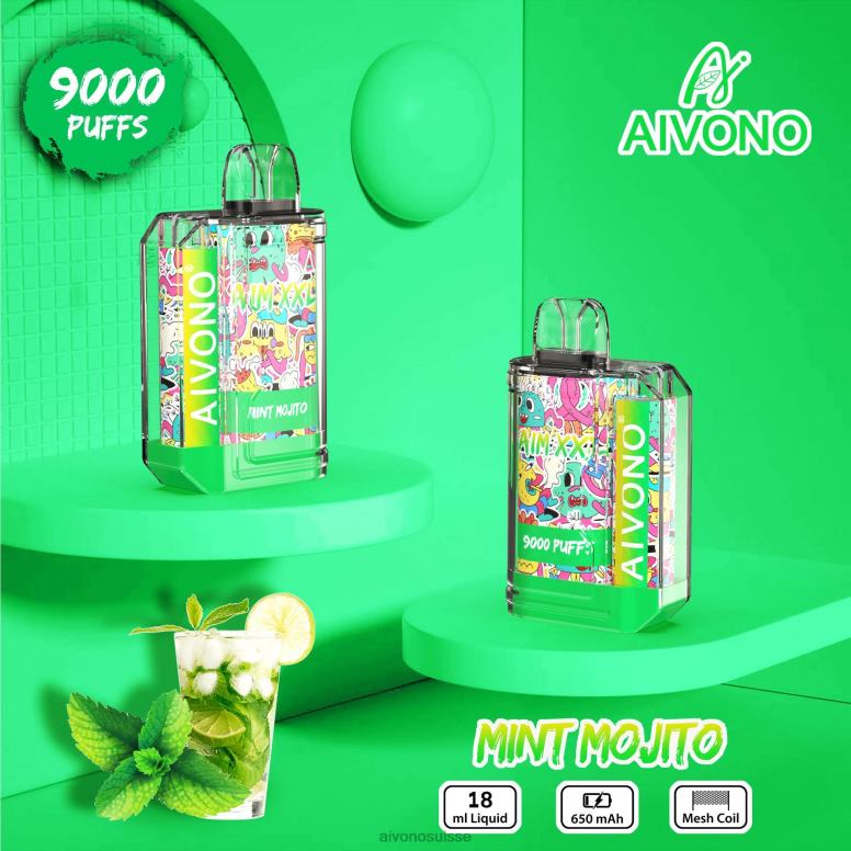 Aivono Vape Review - Aivono AIM XXL Autocollant bouche 9000 transparent mojito à la menthe L4RV055